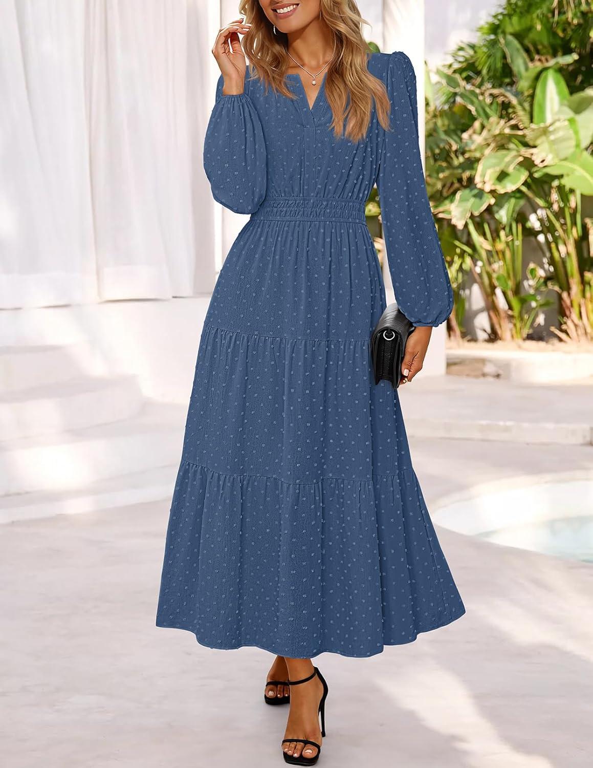 imageMEROKEETY Womens Fall Long Sleeve Maxi Dress 2026 Boho Ruffle Tiered Swiss Dots Wedding Guest Cocktail Long DressesDark Blue