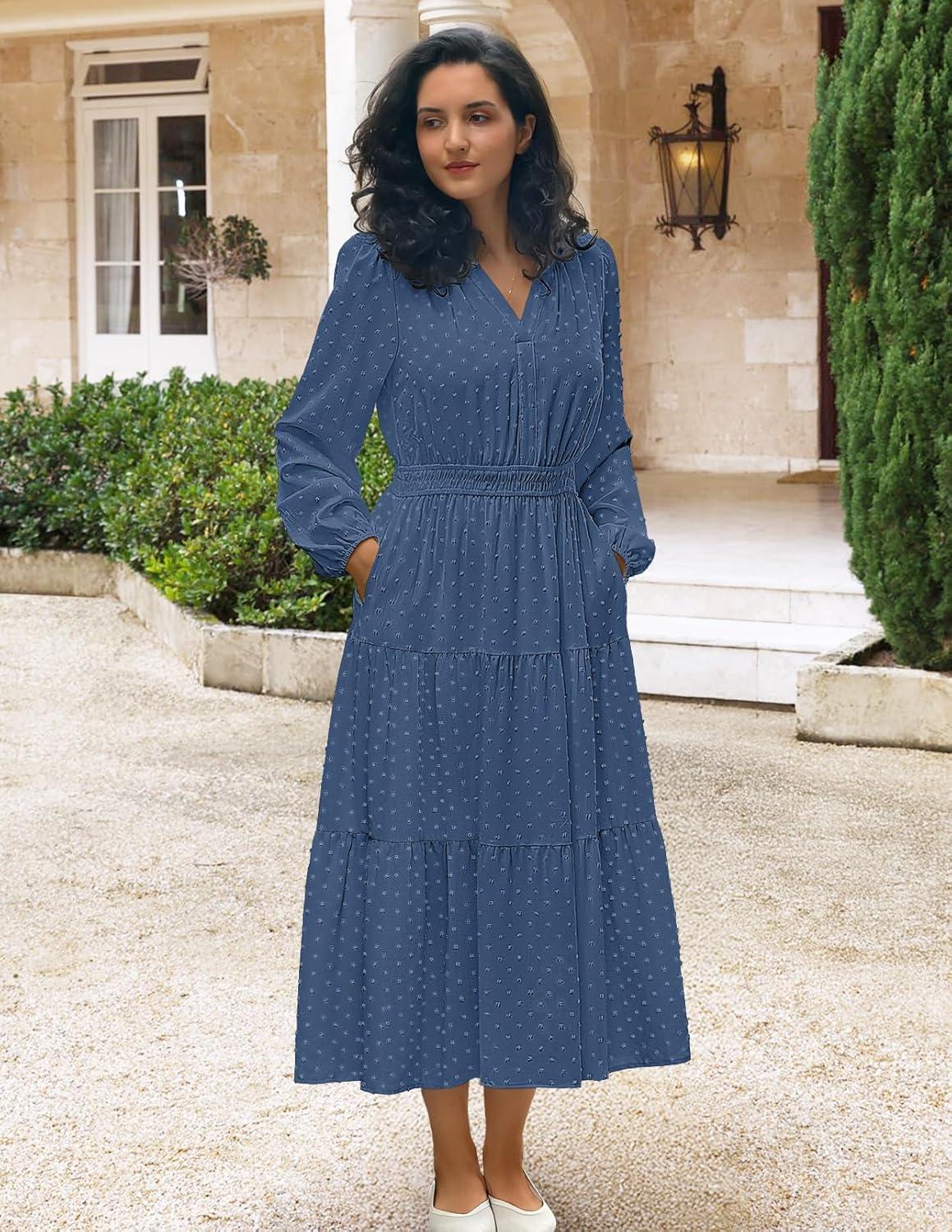 imageMEROKEETY Womens Fall Long Sleeve Maxi Dress 2026 Boho Ruffle Tiered Swiss Dots Wedding Guest Cocktail Long DressesDark Blue