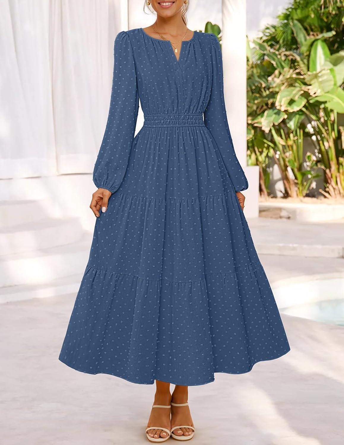 imageMEROKEETY Womens Fall Long Sleeve Maxi Dress 2026 Boho Ruffle Tiered Swiss Dots Wedding Guest Cocktail Long DressesDark Blue