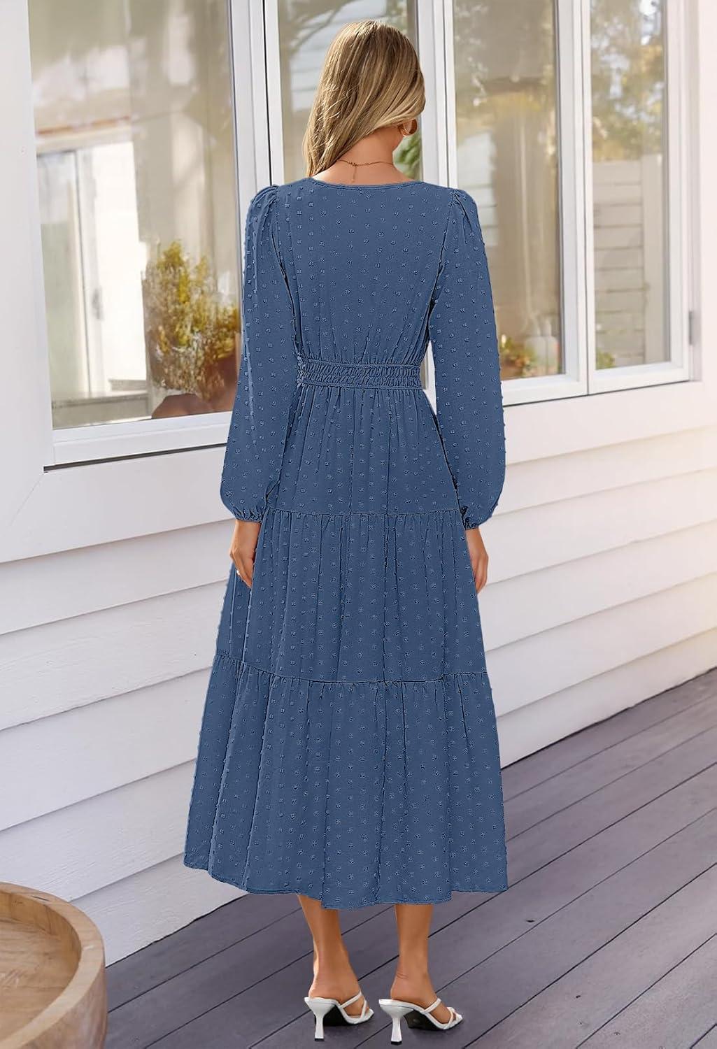imageMEROKEETY Womens Fall Long Sleeve Maxi Dress 2026 Boho Ruffle Tiered Swiss Dots Wedding Guest Cocktail Long DressesDark Blue