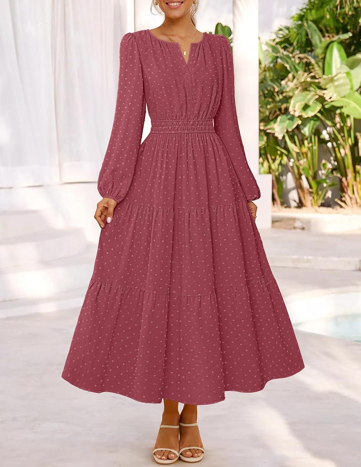 imageMEROKEETY Womens Fall Long Sleeve Maxi Dress 2026 Boho Ruffle Tiered Swiss Dots Wedding Guest Cocktail Long DressesMaroon
