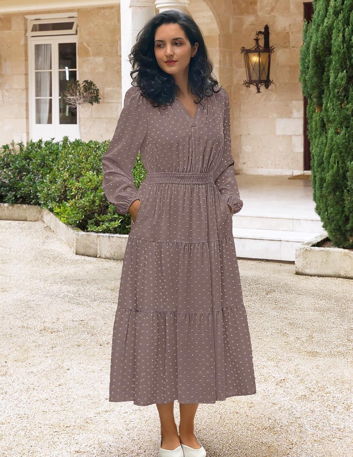 imageMEROKEETY Womens Fall Long Sleeve Maxi Dress 2026 Boho Ruffle Tiered Swiss Dots Wedding Guest Cocktail Long DressesMocha