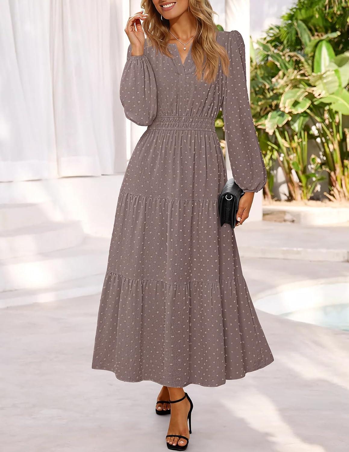 imageMEROKEETY Womens Fall Long Sleeve Maxi Dress 2026 Boho Ruffle Tiered Swiss Dots Wedding Guest Cocktail Long DressesMocha