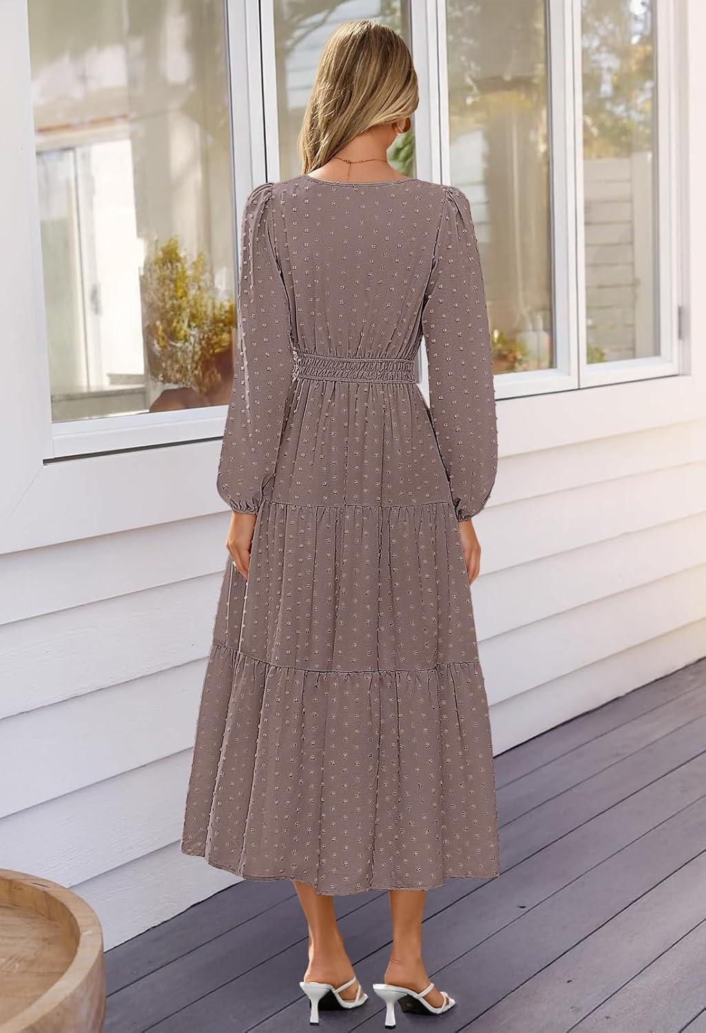 imageMEROKEETY Womens Fall Long Sleeve Maxi Dress 2026 Boho Ruffle Tiered Swiss Dots Wedding Guest Cocktail Long DressesMocha