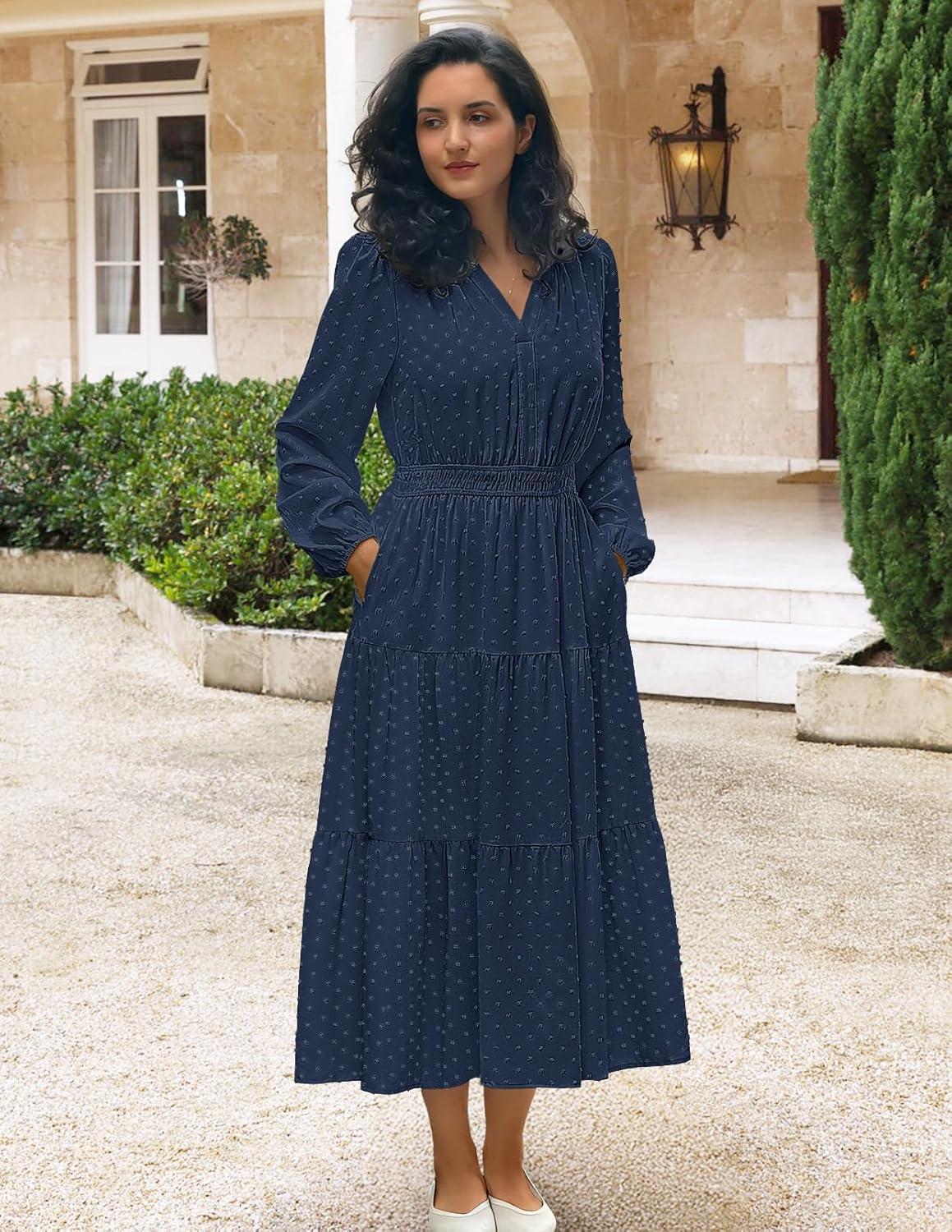 imageMEROKEETY Womens Fall Long Sleeve Maxi Dress 2026 Boho Ruffle Tiered Swiss Dots Wedding Guest Cocktail Long DressesNavy