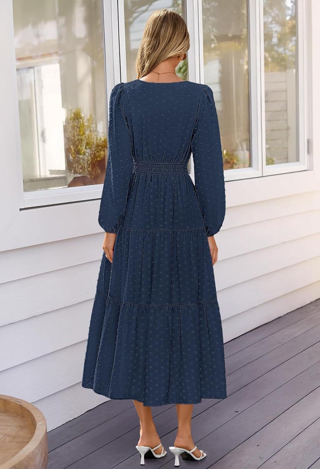 imageMEROKEETY Womens Fall Long Sleeve Maxi Dress 2026 Boho Ruffle Tiered Swiss Dots Wedding Guest Cocktail Long DressesNavy
