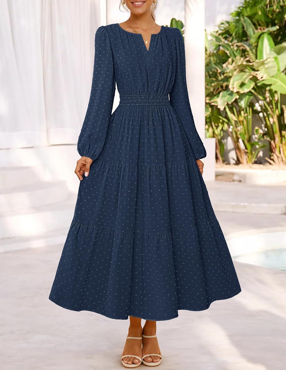 imageMEROKEETY Womens Fall Long Sleeve Maxi Dress 2026 Boho Ruffle Tiered Swiss Dots Wedding Guest Cocktail Long DressesNavy