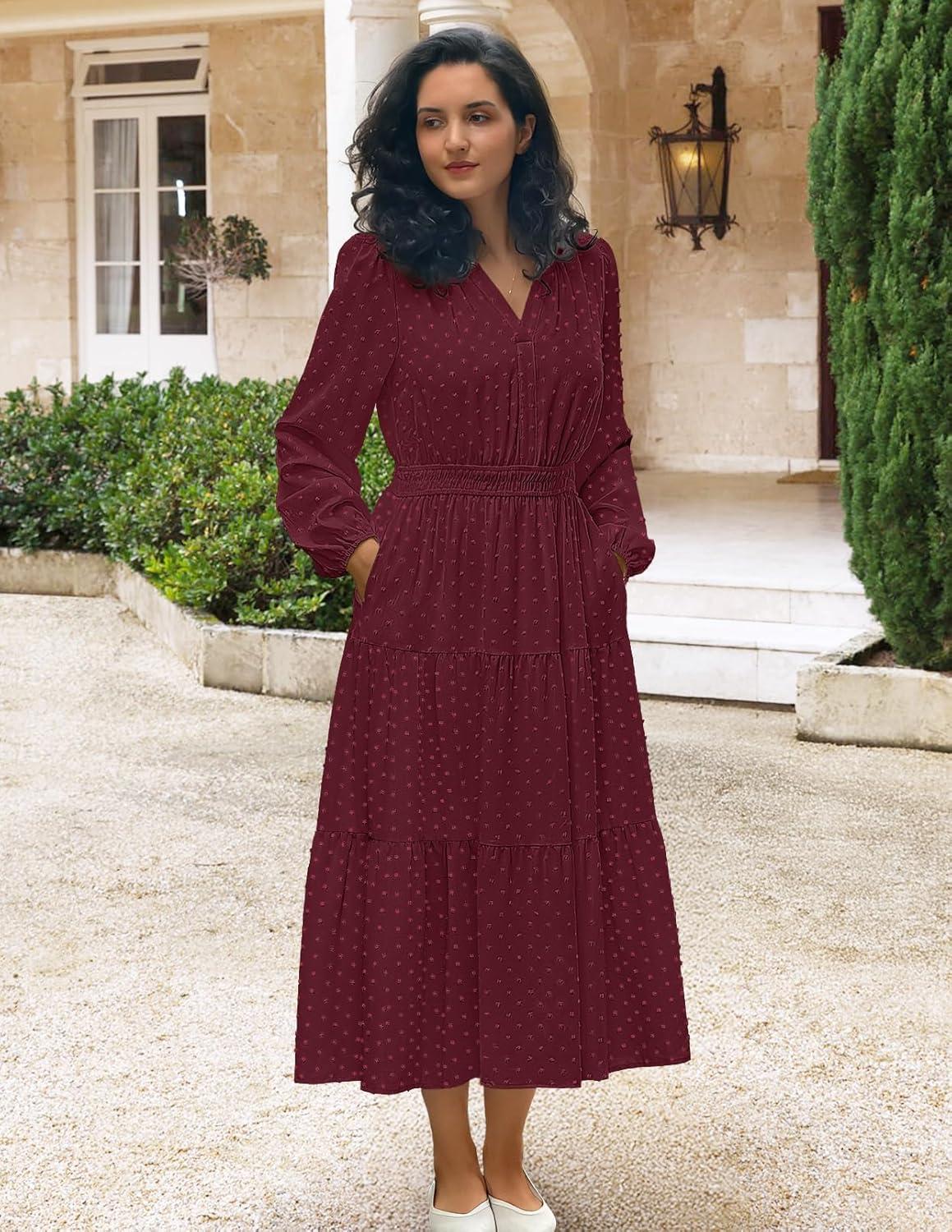 imageMEROKEETY Womens Fall Long Sleeve Maxi Dress 2026 Boho Ruffle Tiered Swiss Dots Wedding Guest Cocktail Long DressesWine