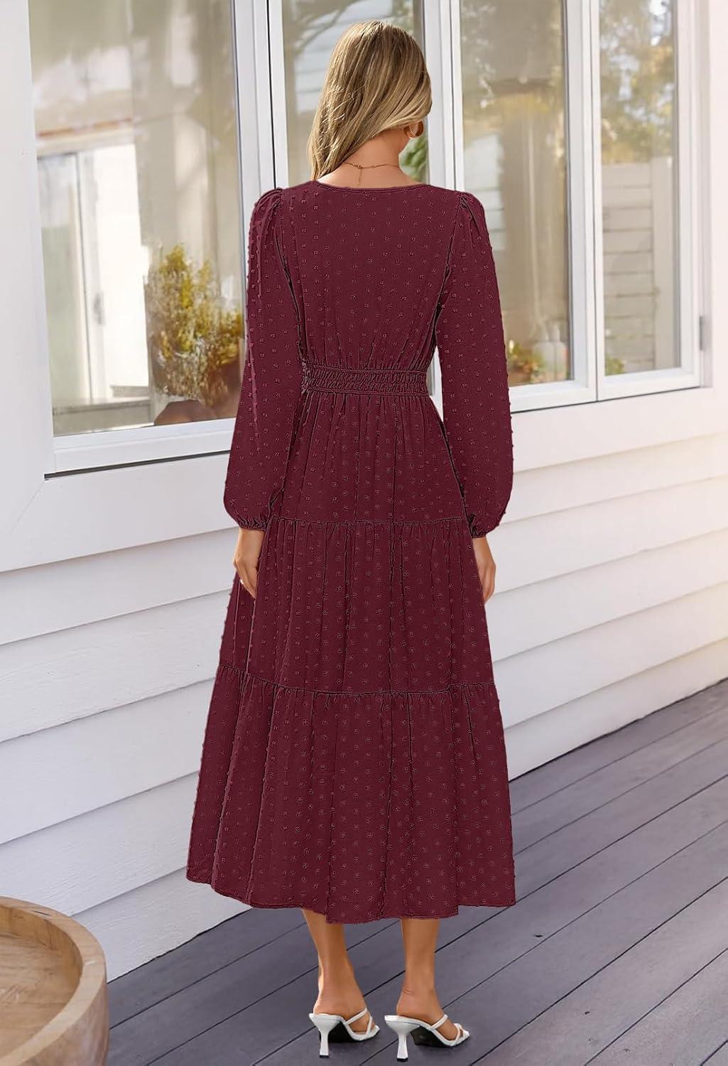 imageMEROKEETY Womens Fall Long Sleeve Maxi Dress 2026 Boho Ruffle Tiered Swiss Dots Wedding Guest Cocktail Long DressesWine