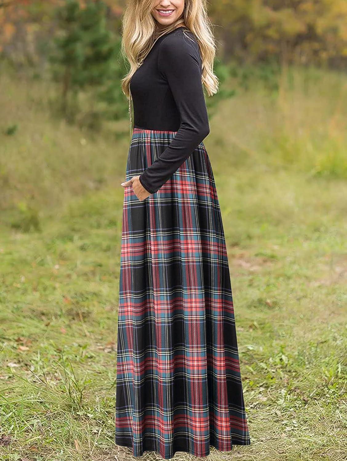imageMEROKEETY Womens Long Sleeve Plaid Empire Waist Full Length Maxi Dress with PocketsBlack Green