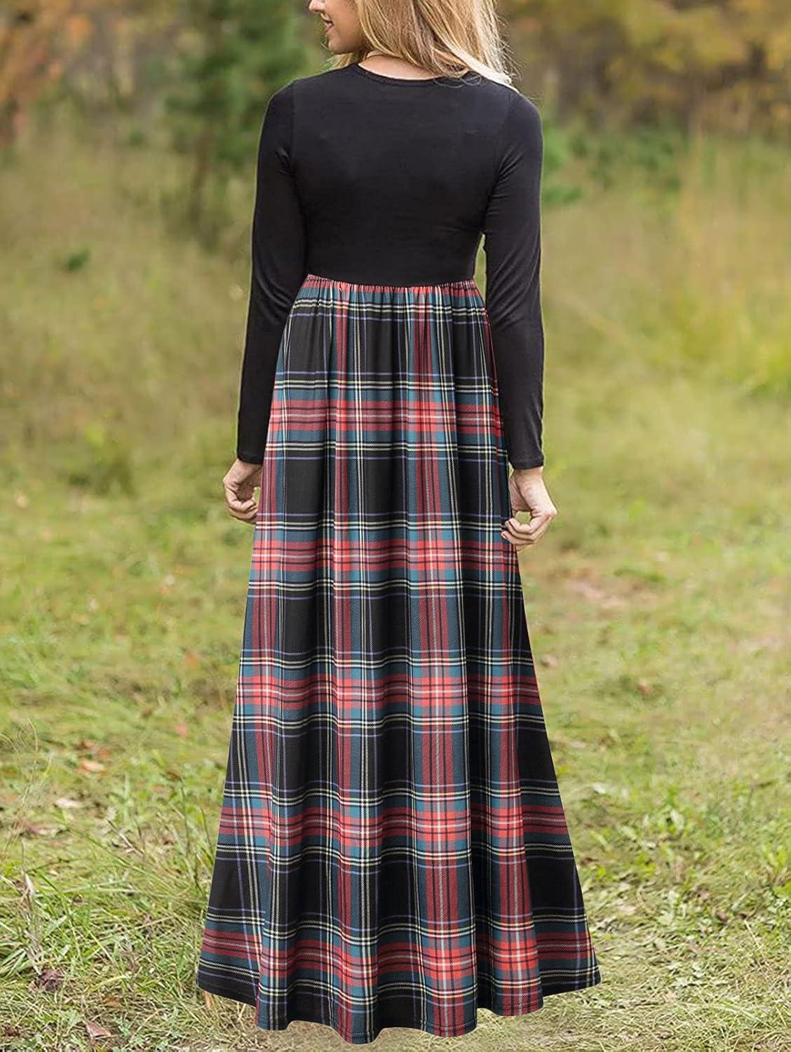 imageMEROKEETY Womens Long Sleeve Plaid Empire Waist Full Length Maxi Dress with PocketsBlack Green
