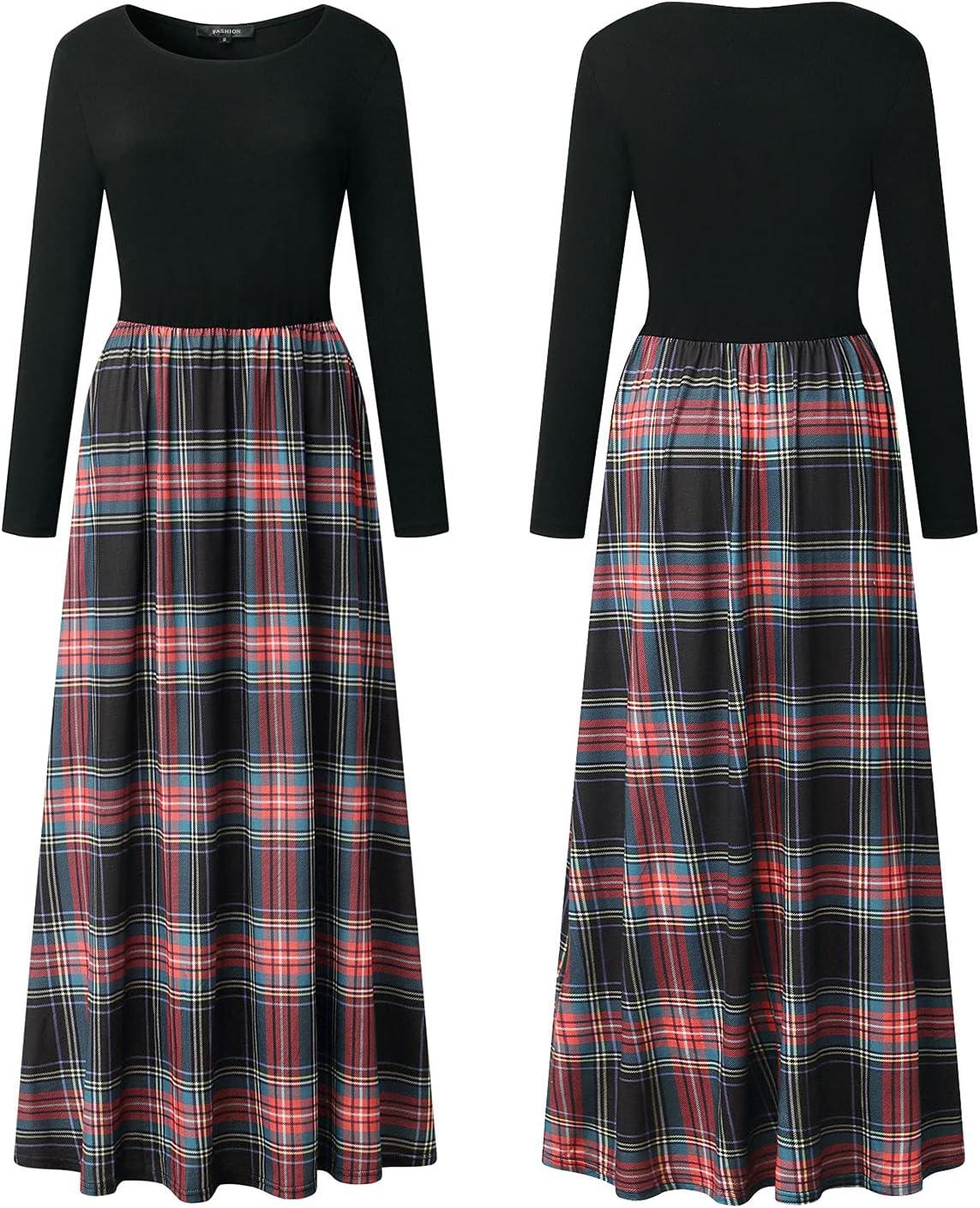 imageMEROKEETY Womens Long Sleeve Plaid Empire Waist Full Length Maxi Dress with PocketsBlack Green