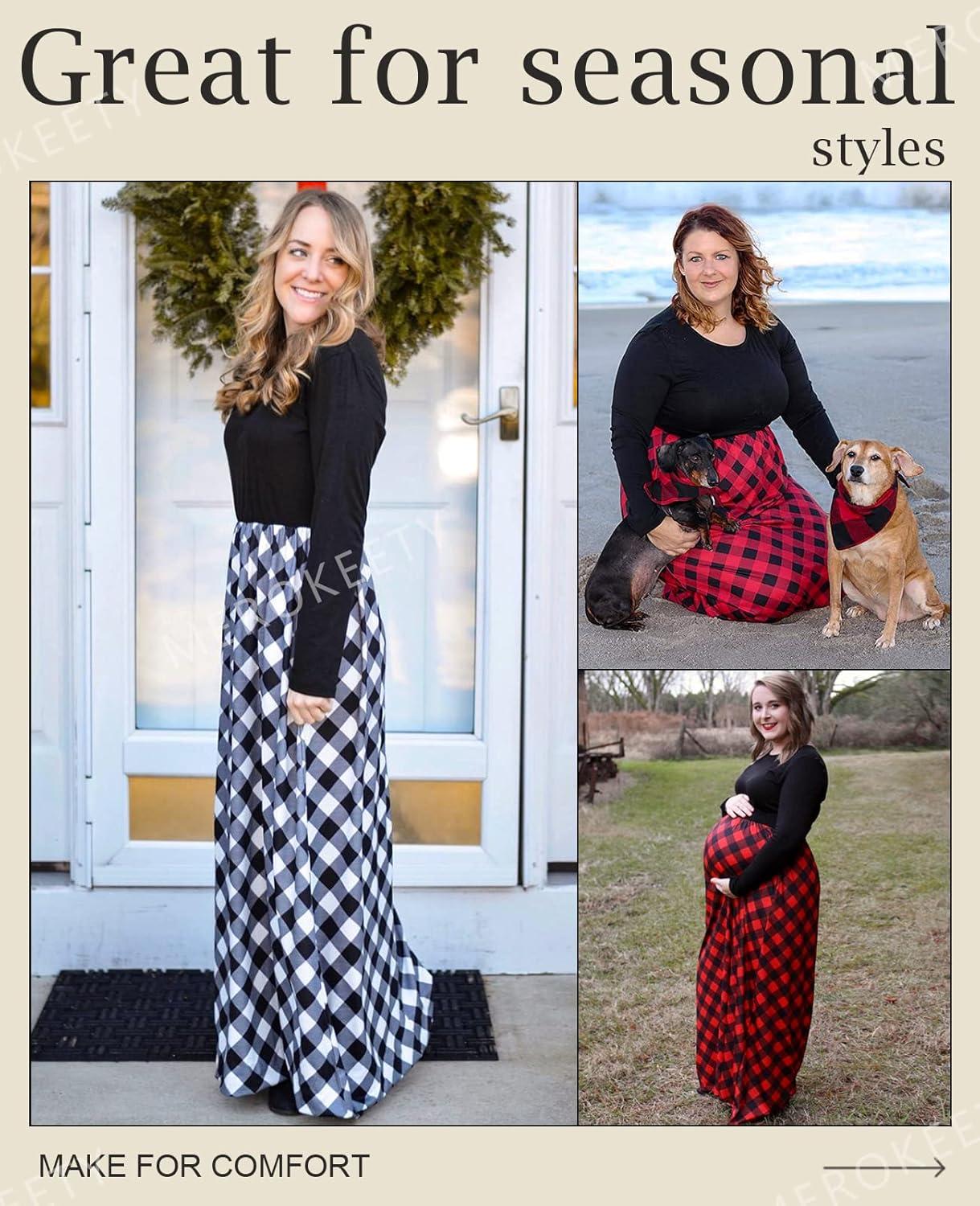 imageMEROKEETY Womens Long Sleeve Plaid Empire Waist Full Length Maxi Dress with PocketsBlack White