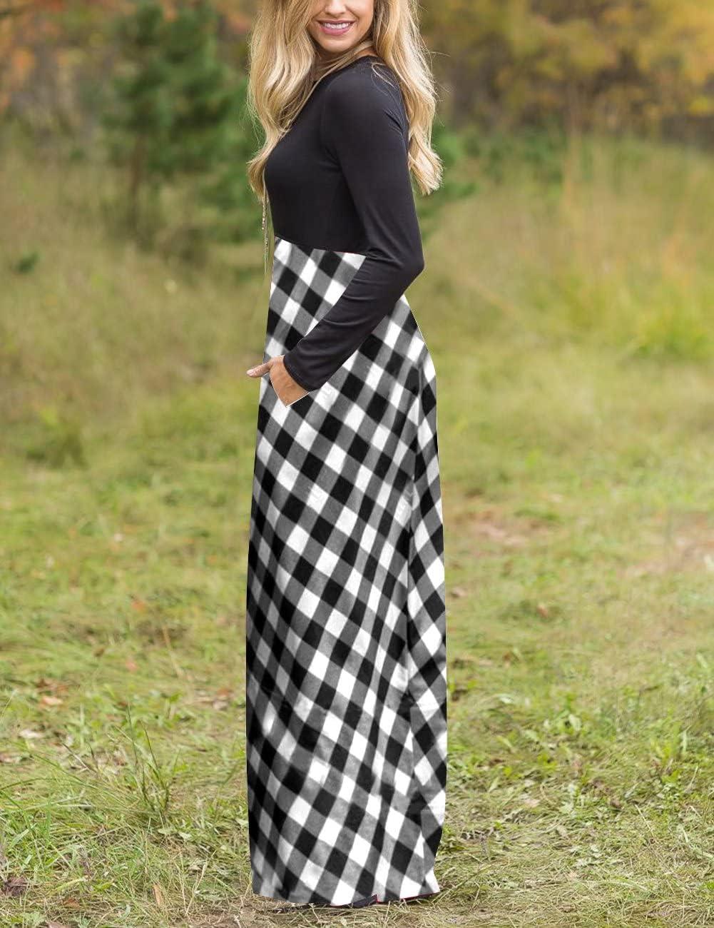 imageMEROKEETY Womens Long Sleeve Plaid Empire Waist Full Length Maxi Dress with PocketsBlack White