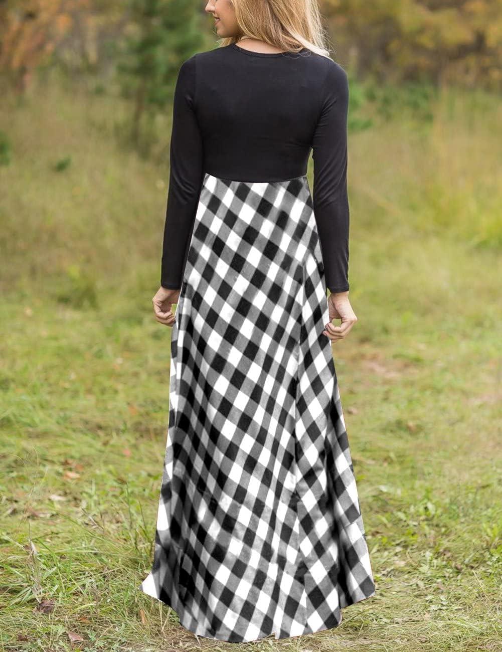 imageMEROKEETY Womens Long Sleeve Plaid Empire Waist Full Length Maxi Dress with PocketsBlack White