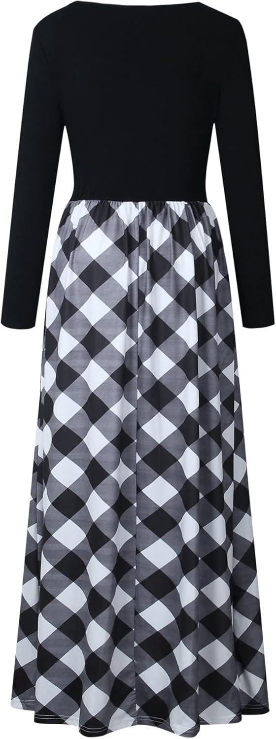 imageMEROKEETY Womens Long Sleeve Plaid Empire Waist Full Length Maxi Dress with PocketsBlack White