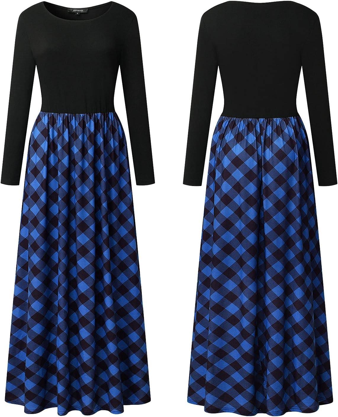 imageMEROKEETY Womens Long Sleeve Plaid Empire Waist Full Length Maxi Dress with PocketsBlue Plaid
