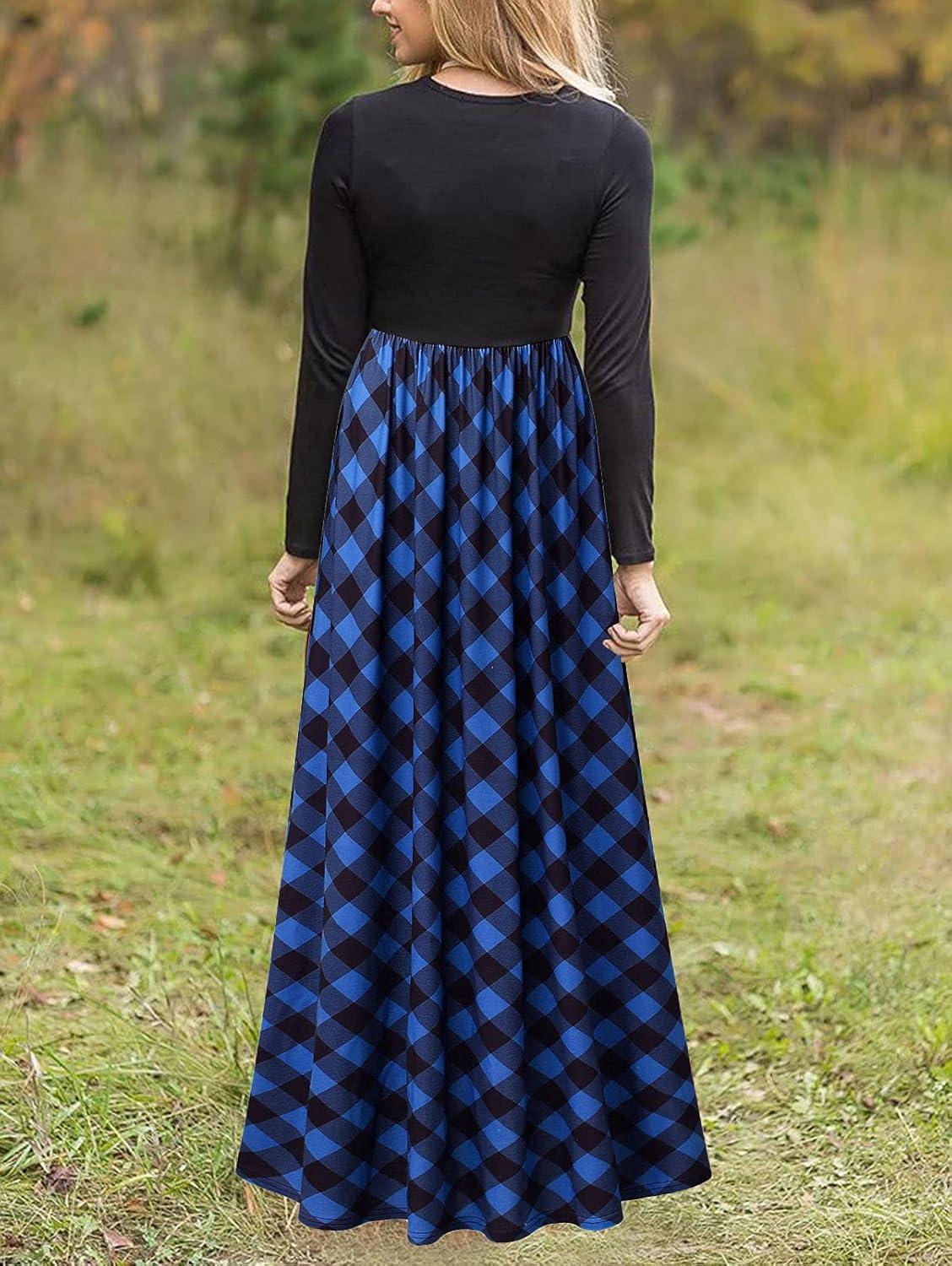 imageMEROKEETY Womens Long Sleeve Plaid Empire Waist Full Length Maxi Dress with PocketsBlue Plaid