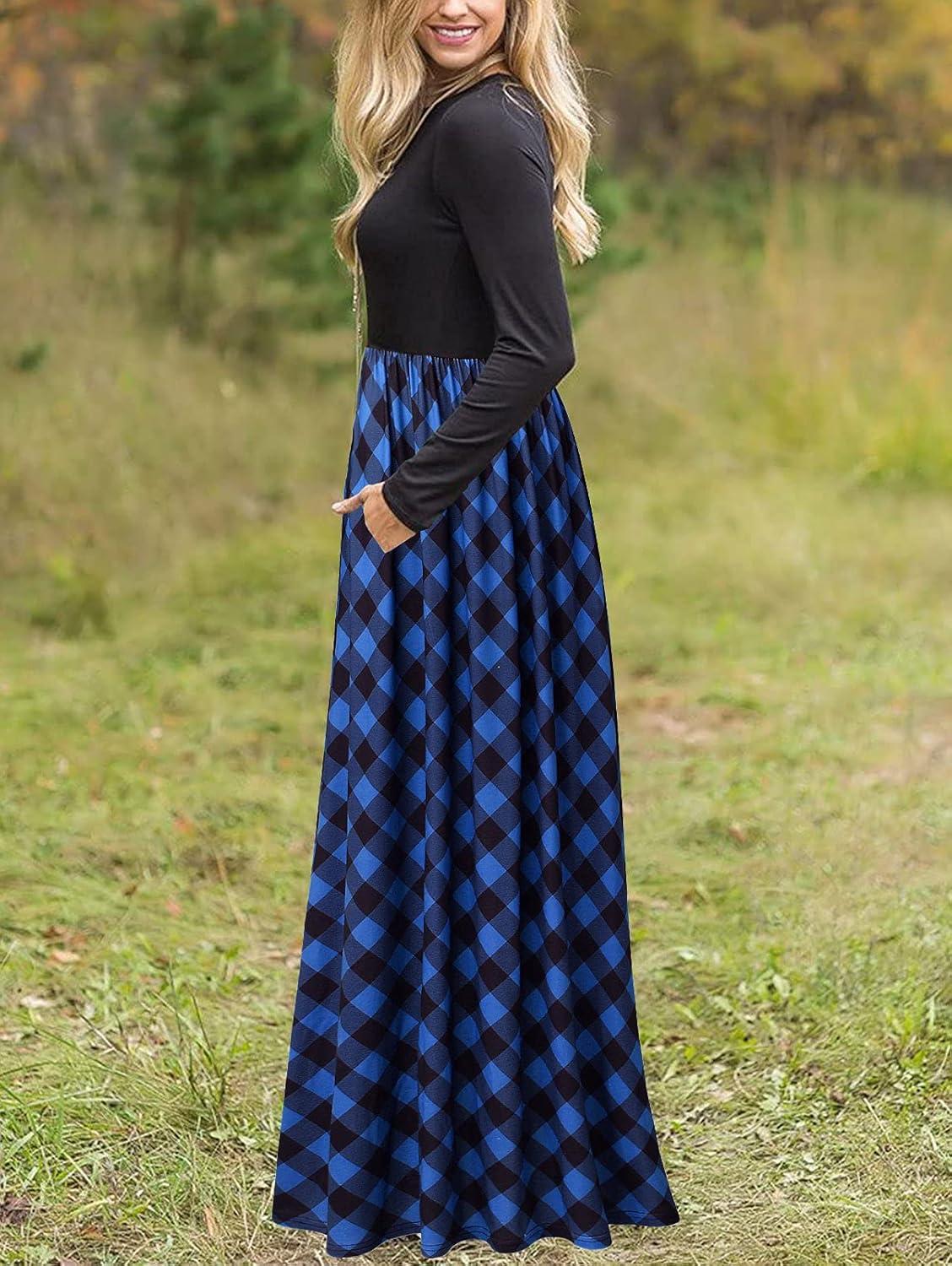 imageMEROKEETY Womens Long Sleeve Plaid Empire Waist Full Length Maxi Dress with PocketsBlue Plaid