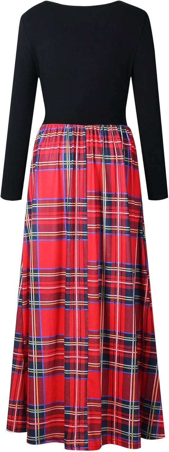 imageMEROKEETY Womens Long Sleeve Plaid Empire Waist Full Length Maxi Dress with PocketsRed