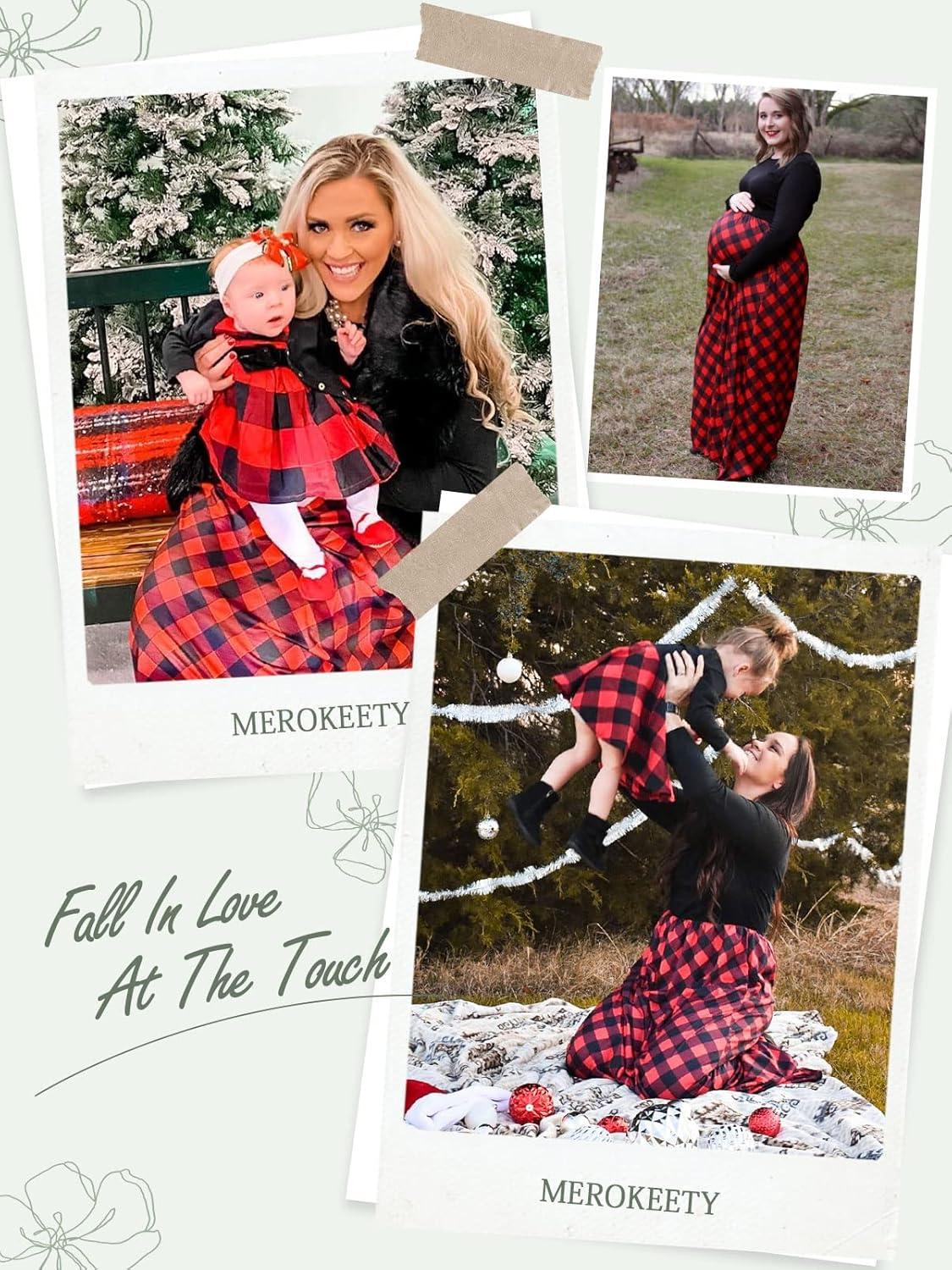 imageMEROKEETY Womens Long Sleeve Plaid Empire Waist Full Length Maxi Dress with PocketsRed Plaid