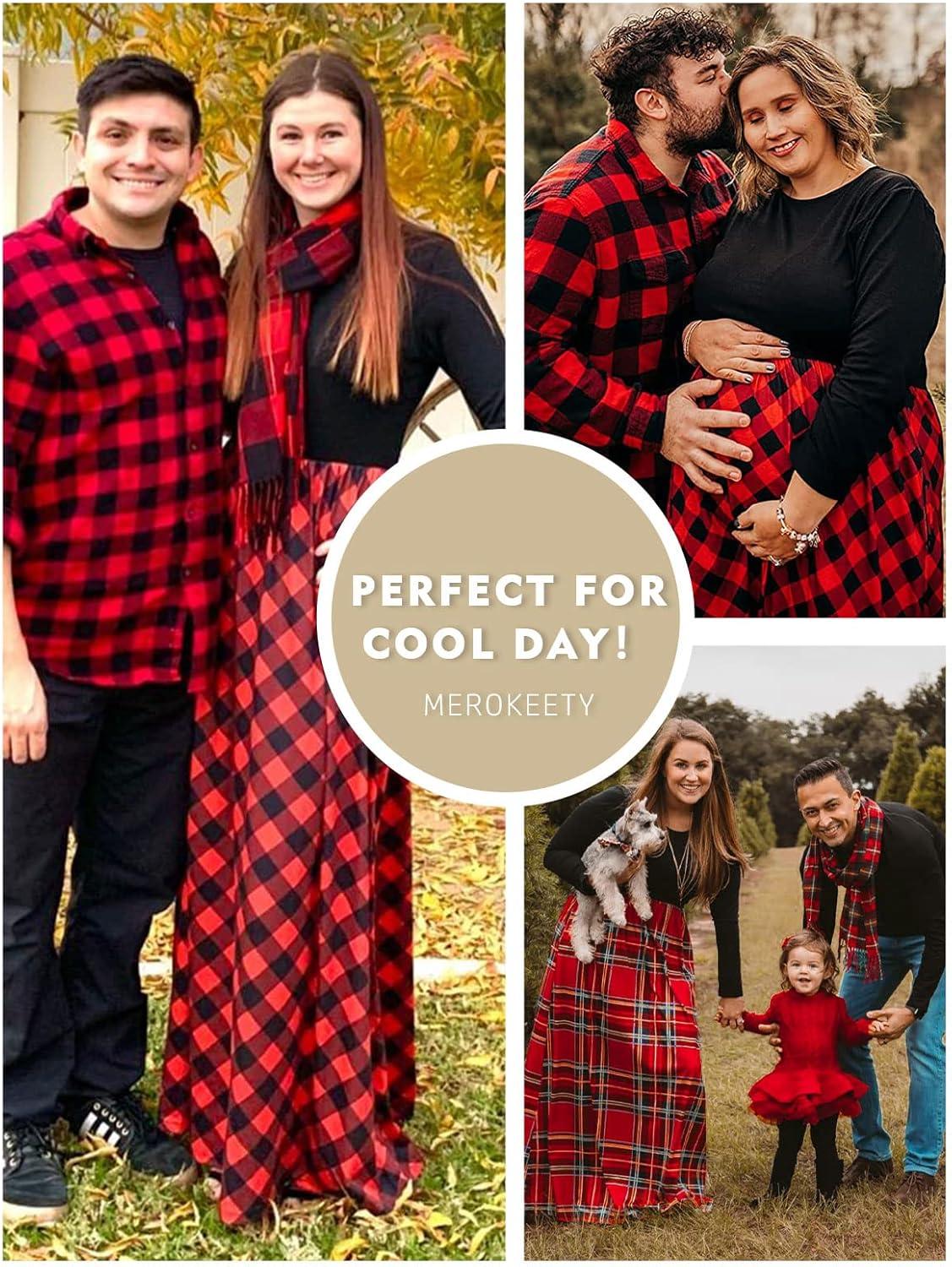 imageMEROKEETY Womens Long Sleeve Plaid Empire Waist Full Length Maxi Dress with PocketsRed Plaid