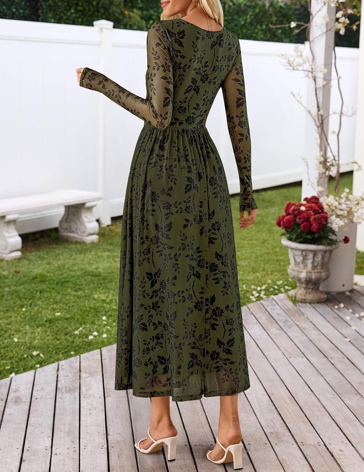 imageMEROKEETY Womens Long Sleeve Spring Wedding Guest Dress 2026 Crewneck Floral Flowy Mesh Cocktail Maxi DressesArmygreen