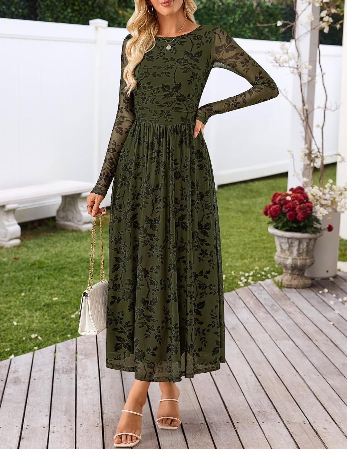 imageMEROKEETY Womens Long Sleeve Spring Wedding Guest Dress 2026 Crewneck Floral Flowy Mesh Cocktail Maxi DressesArmygreen