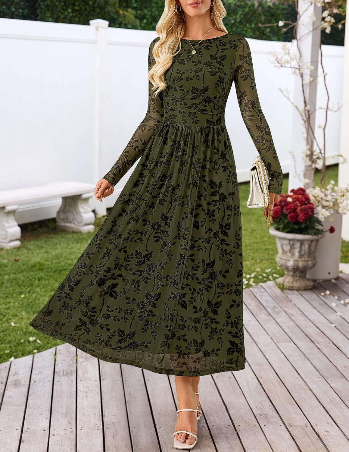 imageMEROKEETY Womens Long Sleeve Spring Wedding Guest Dress 2026 Crewneck Floral Flowy Mesh Cocktail Maxi DressesArmygreen