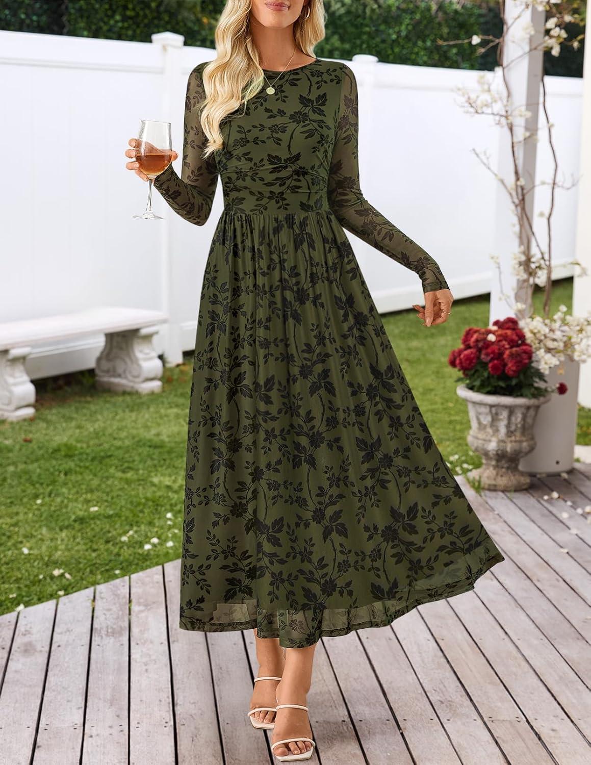 imageMEROKEETY Womens Long Sleeve Spring Wedding Guest Dress 2026 Crewneck Floral Flowy Mesh Cocktail Maxi DressesArmygreen