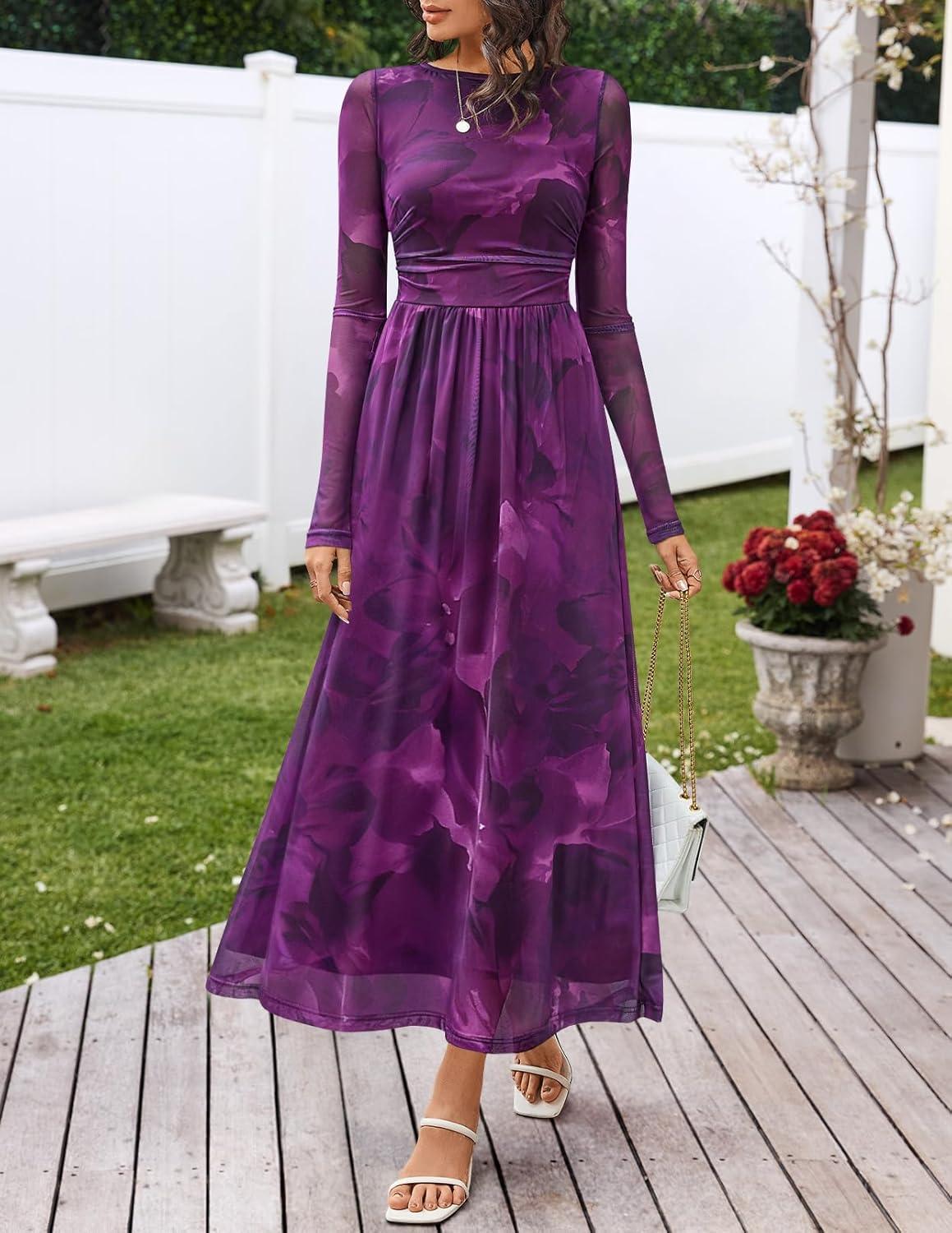 imageMEROKEETY Womens Long Sleeve Spring Wedding Guest Dress 2026 Crewneck Floral Flowy Mesh Cocktail Maxi DressesPurple