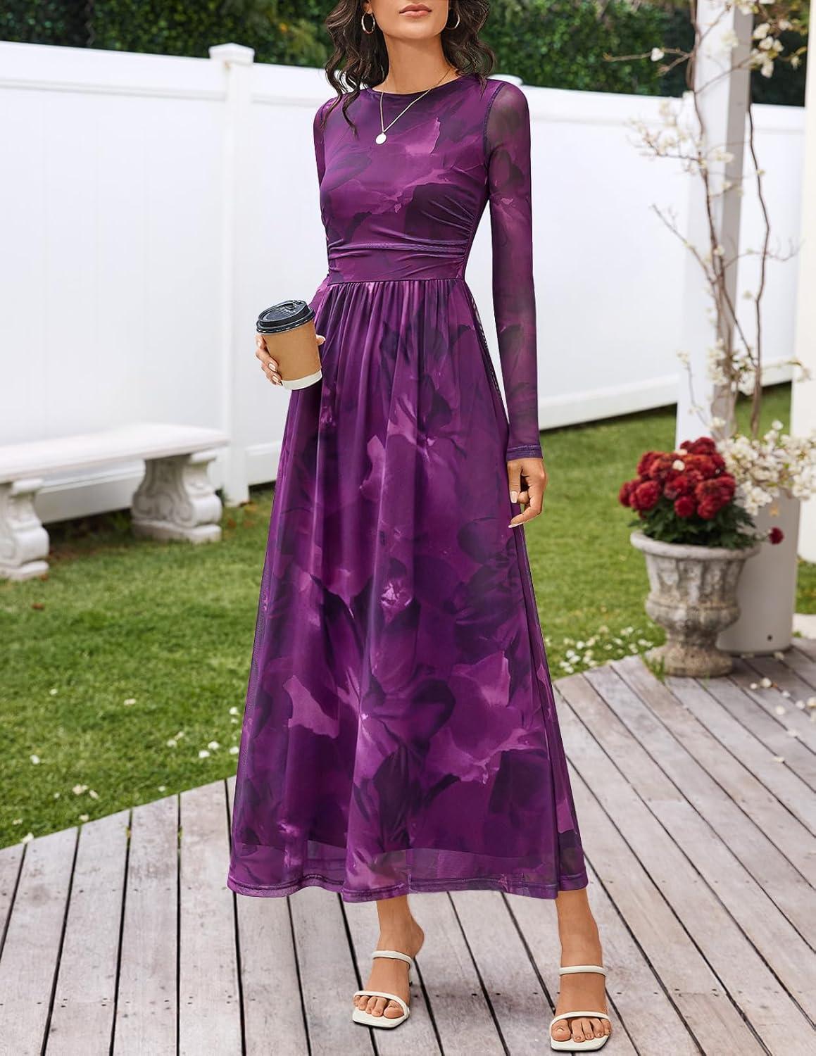 imageMEROKEETY Womens Long Sleeve Spring Wedding Guest Dress 2026 Crewneck Floral Flowy Mesh Cocktail Maxi DressesPurple