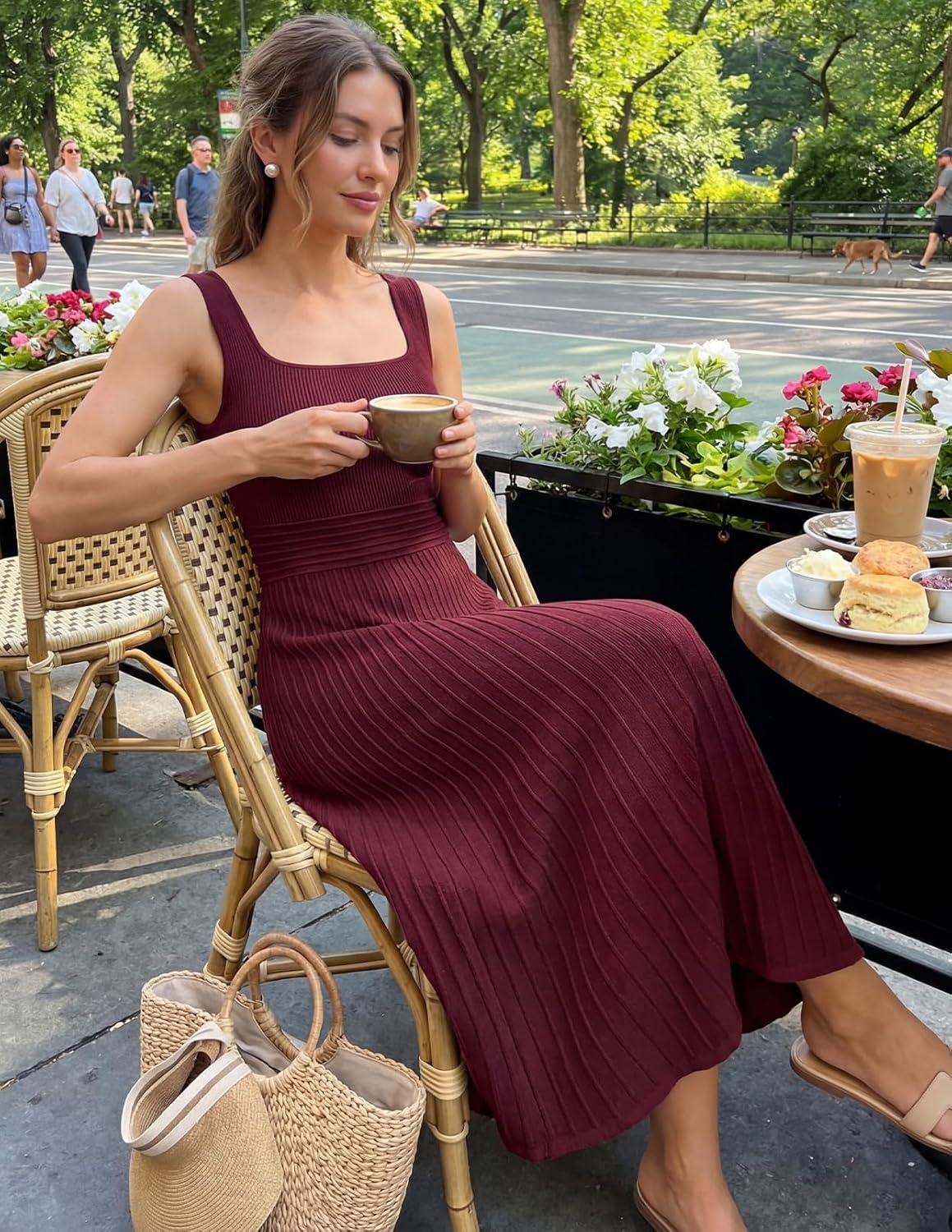 imageMEROKEETY Womens Spring Summer Casual Midi Dress 2026 Sleeveless Pleated A Line Knit Business Work Cocktail DressesWine