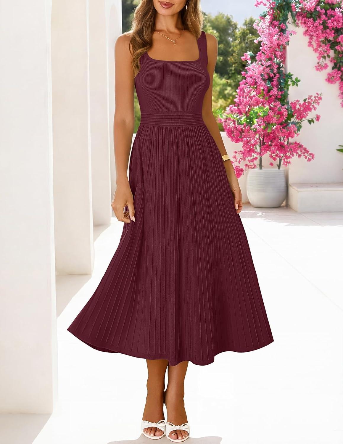 imageMEROKEETY Womens Spring Summer Casual Midi Dress 2026 Sleeveless Pleated A Line Knit Business Work Cocktail DressesWine