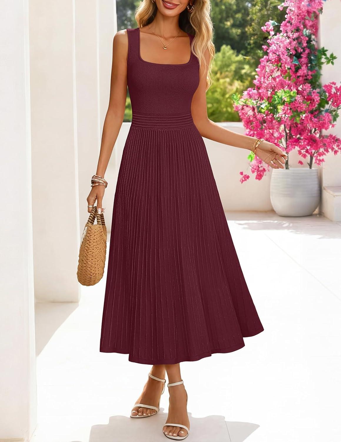 imageMEROKEETY Womens Spring Summer Casual Midi Dress 2026 Sleeveless Pleated A Line Knit Business Work Cocktail DressesWine