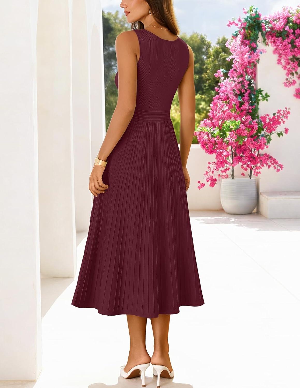 imageMEROKEETY Womens Spring Summer Casual Midi Dress 2026 Sleeveless Pleated A Line Knit Business Work Cocktail DressesWine