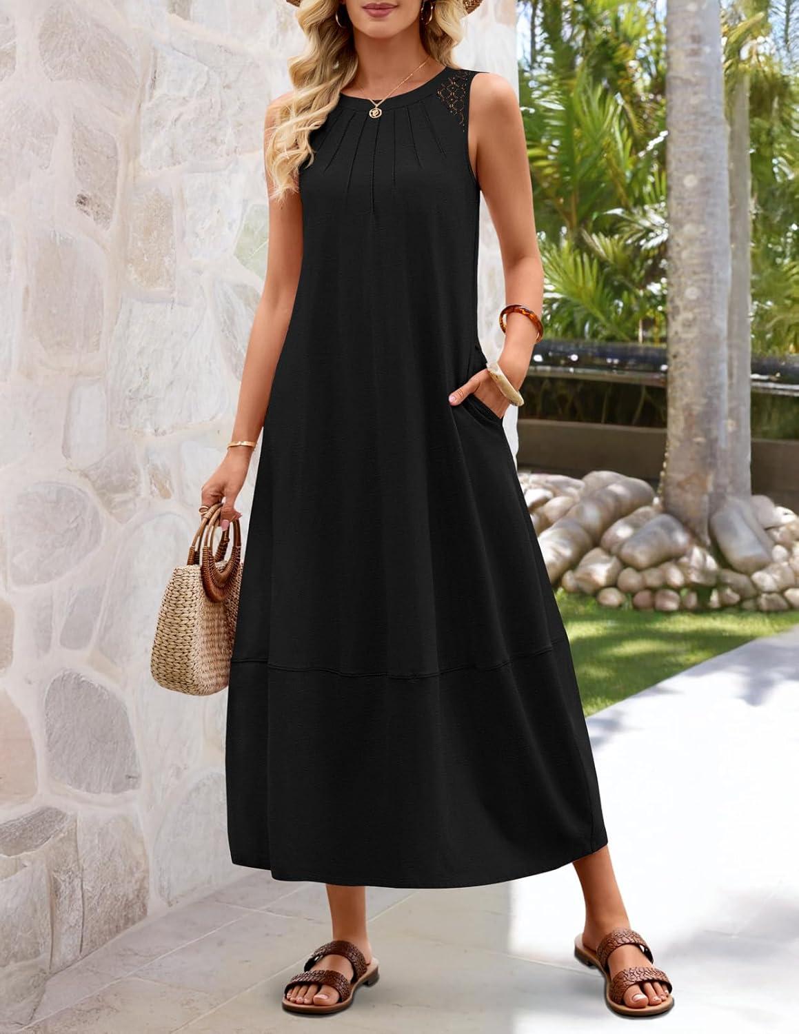 imageMEROKEETY Womens Summer Boho Maxi Dress 2026 Pleated Lace Hollow Out Beach Vacation Sundresses Sleeveless Tank DressBlack