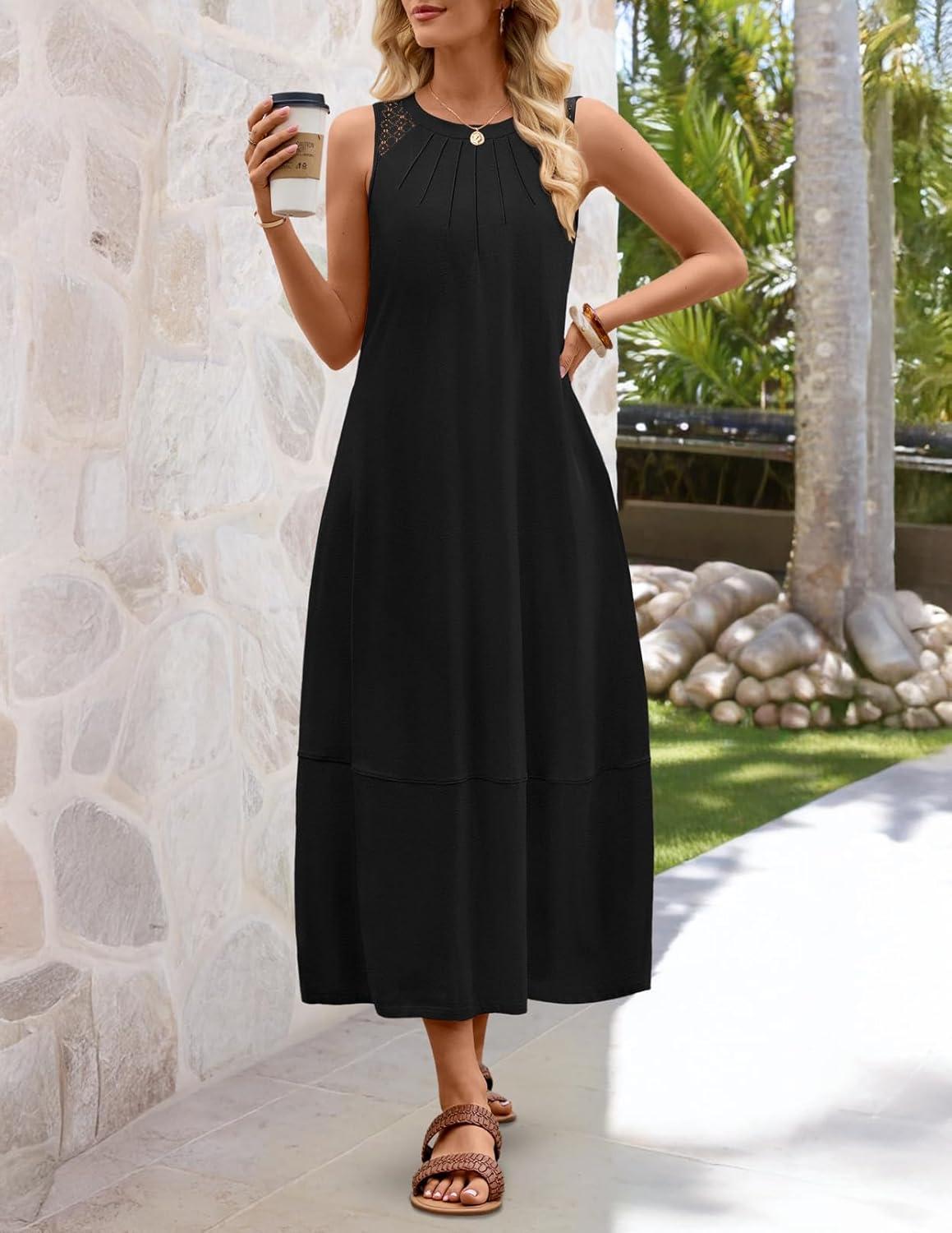 imageMEROKEETY Womens Summer Boho Maxi Dress 2026 Pleated Lace Hollow Out Beach Vacation Sundresses Sleeveless Tank DressBlack