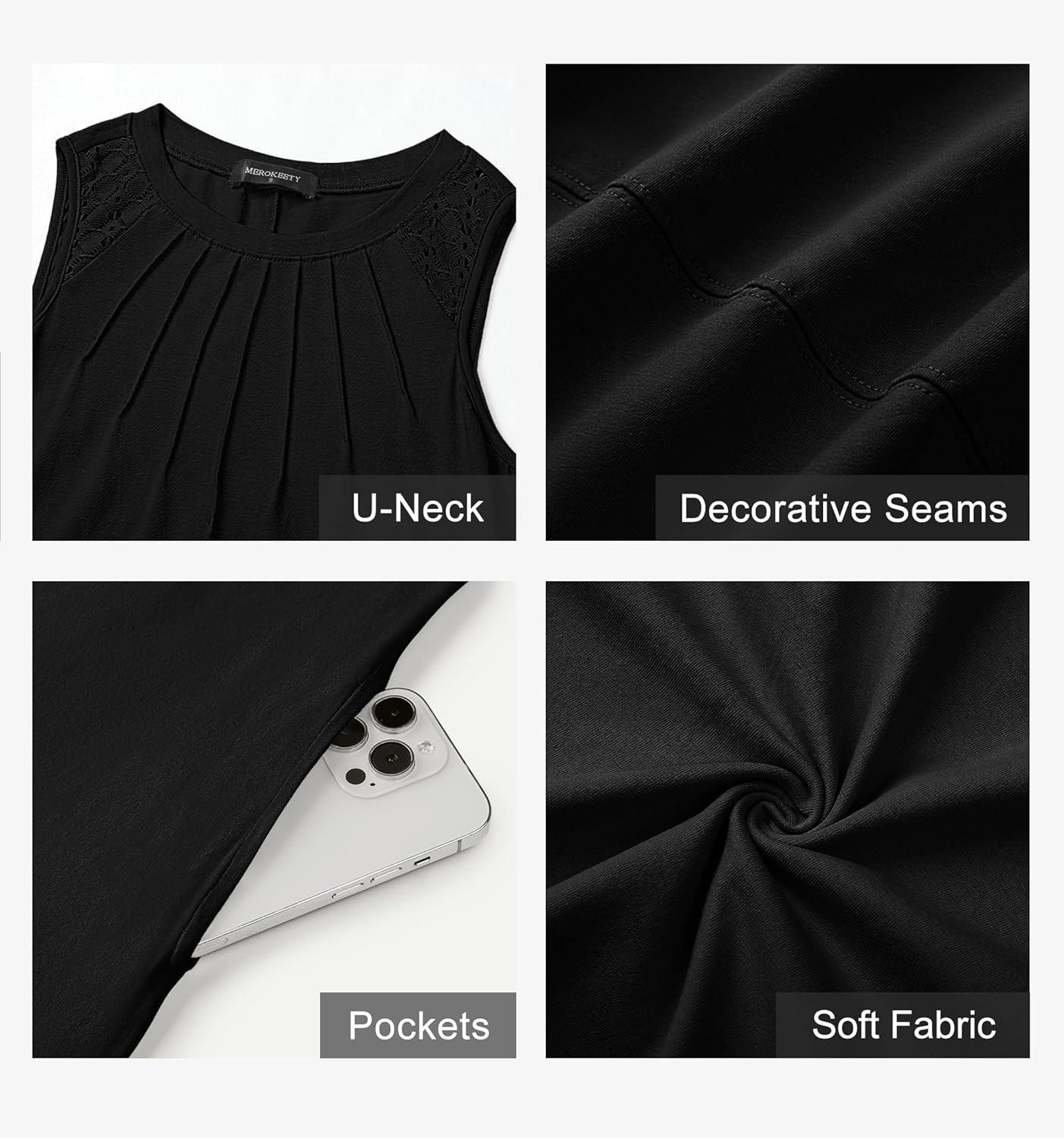 imageMEROKEETY Womens Summer Boho Maxi Dress 2026 Pleated Lace Hollow Out Beach Vacation Sundresses Sleeveless Tank DressBlack