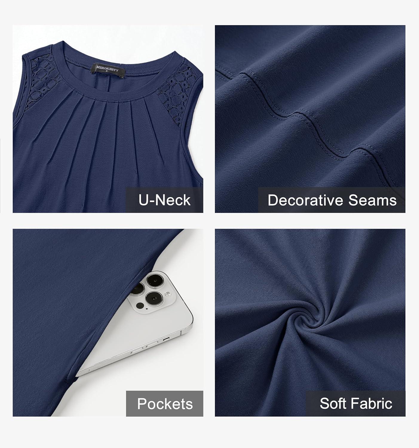 imageMEROKEETY Womens Summer Boho Maxi Dress 2026 Pleated Lace Hollow Out Beach Vacation Sundresses Sleeveless Tank DressNavy