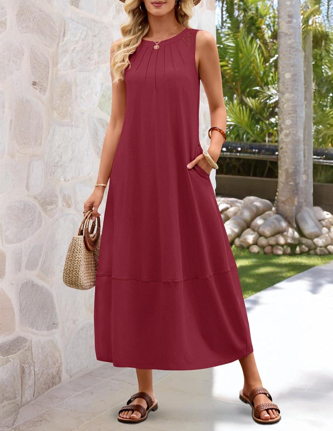imageMEROKEETY Womens Summer Boho Maxi Dress 2026 Pleated Lace Hollow Out Beach Vacation Sundresses Sleeveless Tank DressWine