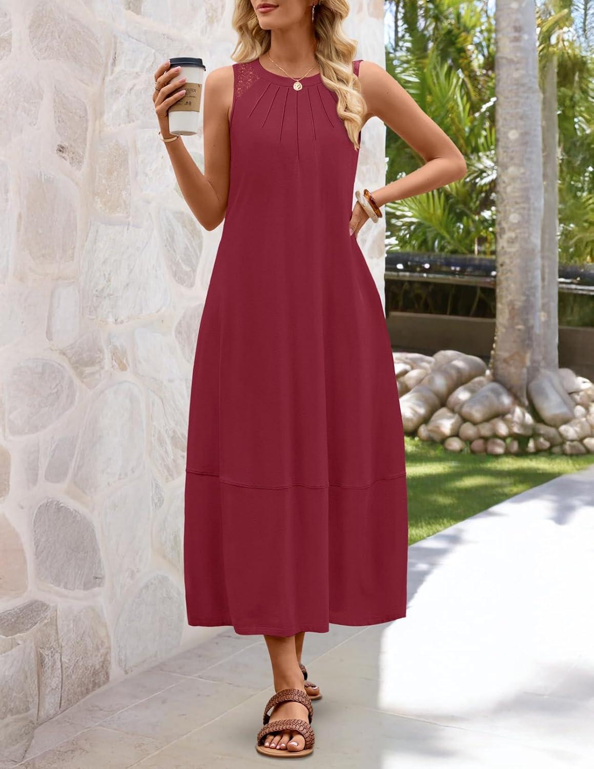 imageMEROKEETY Womens Summer Boho Maxi Dress 2026 Pleated Lace Hollow Out Beach Vacation Sundresses Sleeveless Tank DressWine