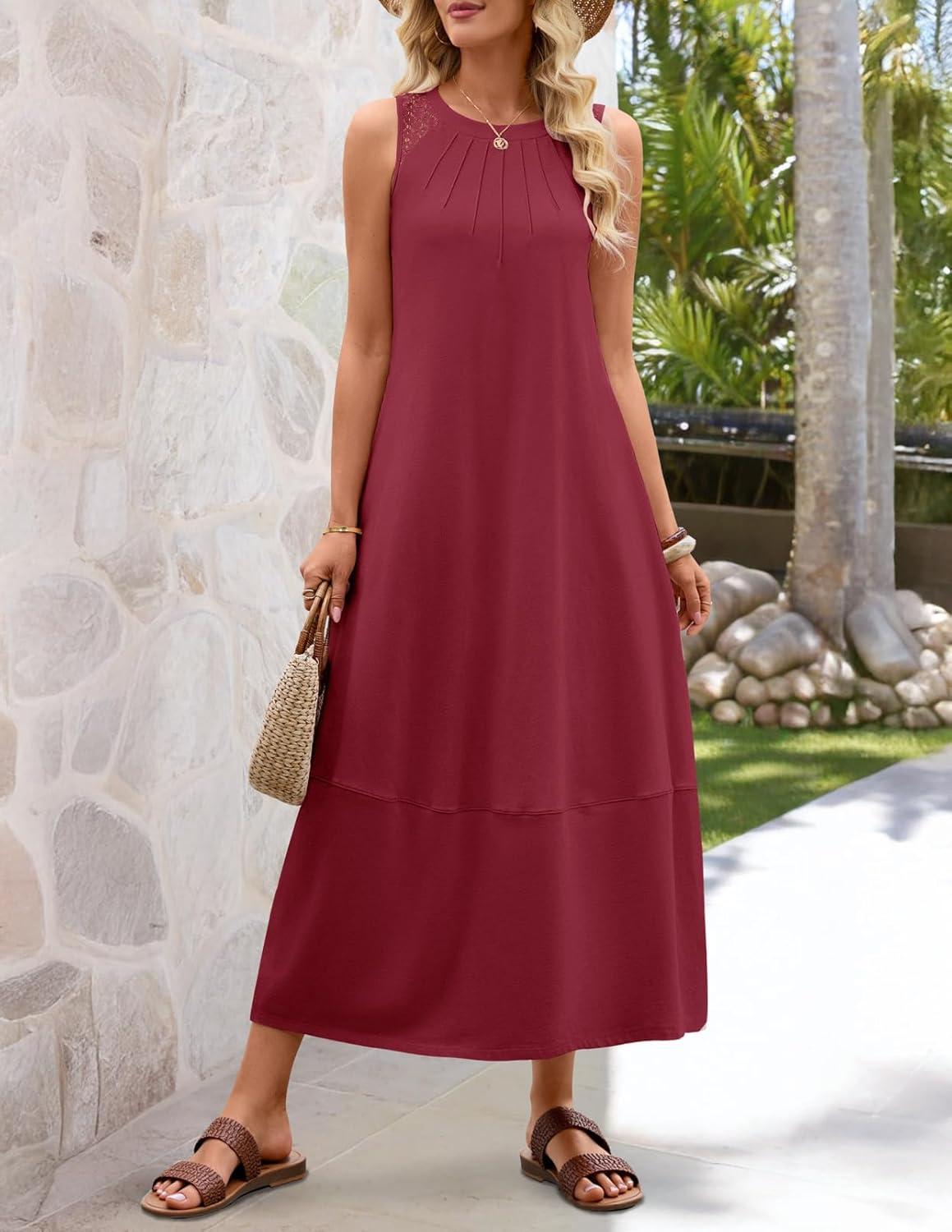 imageMEROKEETY Womens Summer Boho Maxi Dress 2026 Pleated Lace Hollow Out Beach Vacation Sundresses Sleeveless Tank DressWine