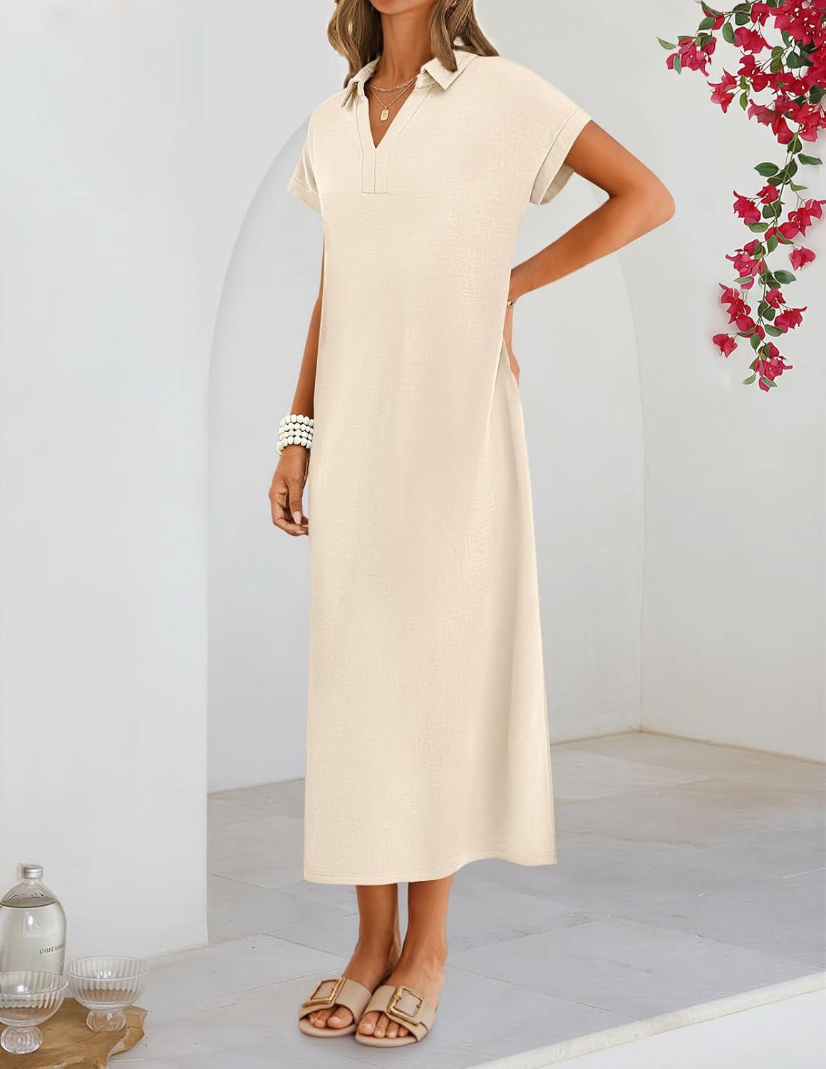 imageMEROKEETY Womens Summer Casual Maxi Dress 2026 Cap Sleeve V Neck Collared Beach Vacation T Shirt Long DressesBeige