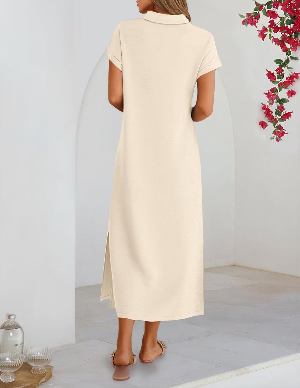 imageMEROKEETY Womens Summer Casual Maxi Dress 2026 Cap Sleeve V Neck Collared Beach Vacation T Shirt Long DressesBeige