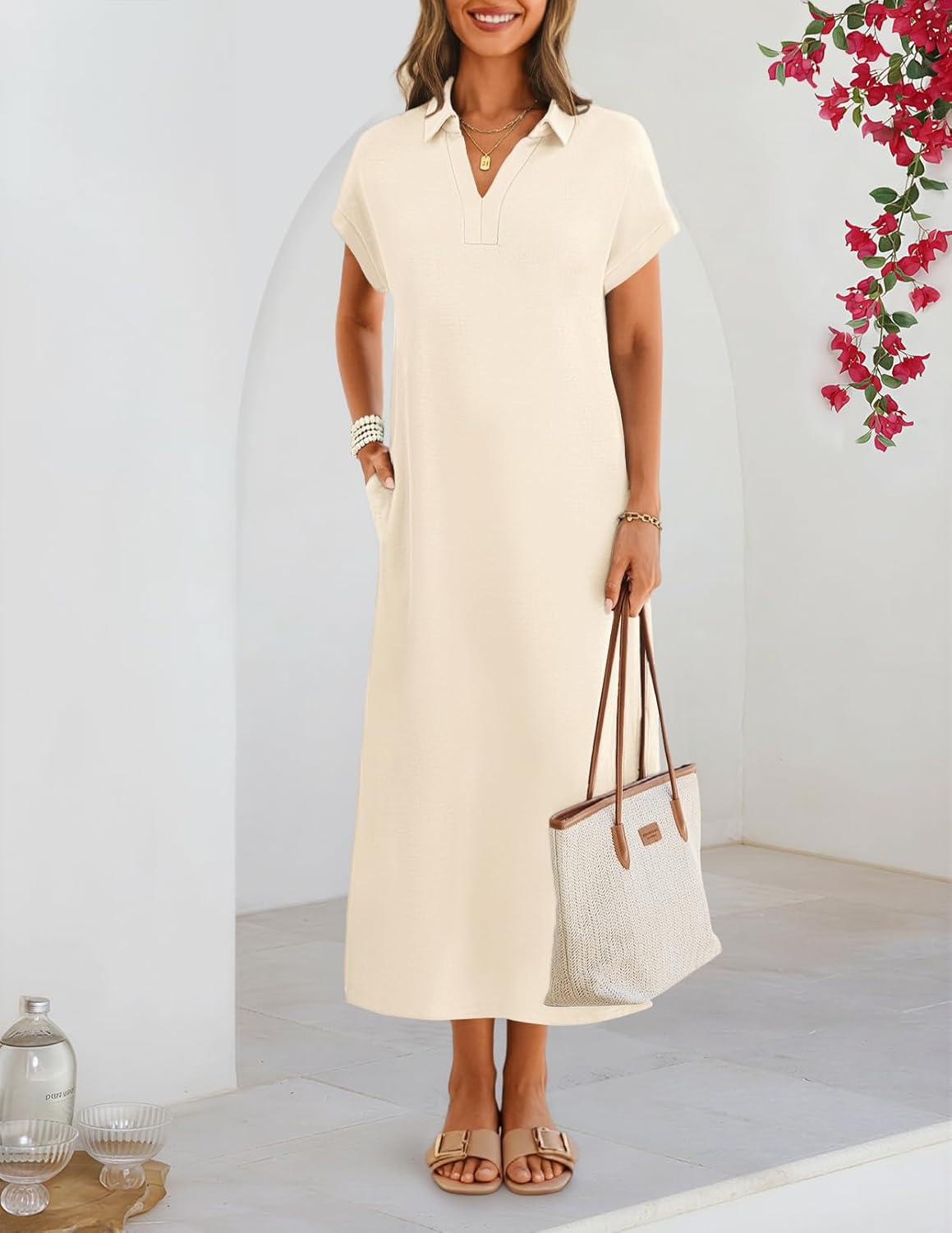 imageMEROKEETY Womens Summer Casual Maxi Dress 2026 Cap Sleeve V Neck Collared Beach Vacation T Shirt Long DressesBeige