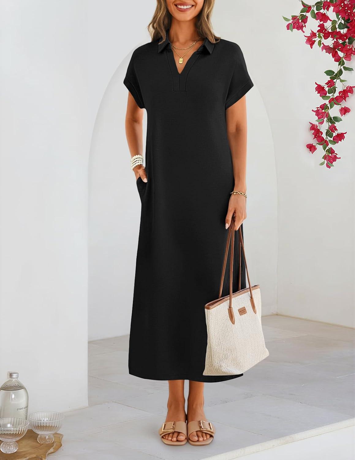 imageMEROKEETY Womens Summer Casual Maxi Dress 2026 Cap Sleeve V Neck Collared Beach Vacation T Shirt Long DressesBlack