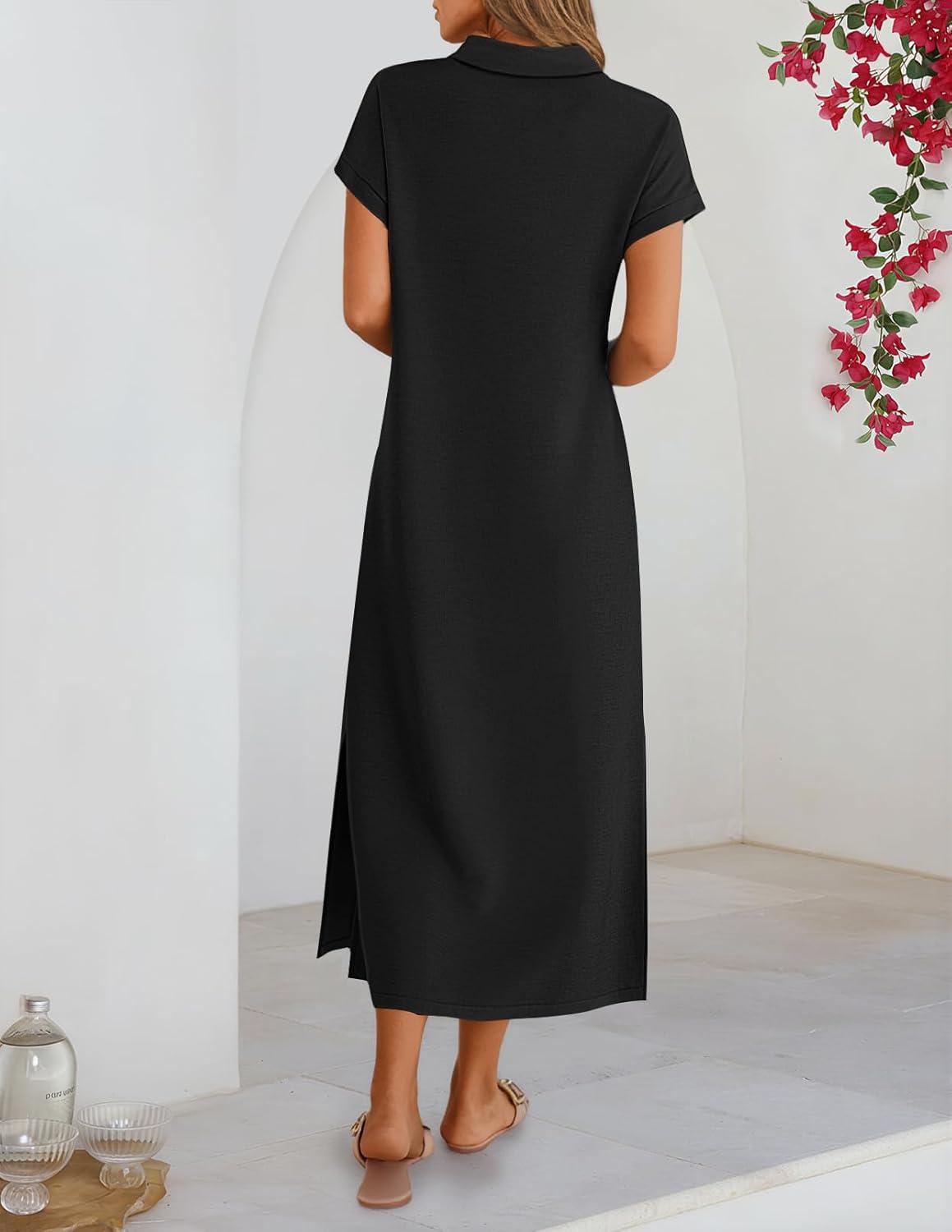 imageMEROKEETY Womens Summer Casual Maxi Dress 2026 Cap Sleeve V Neck Collared Beach Vacation T Shirt Long DressesBlack