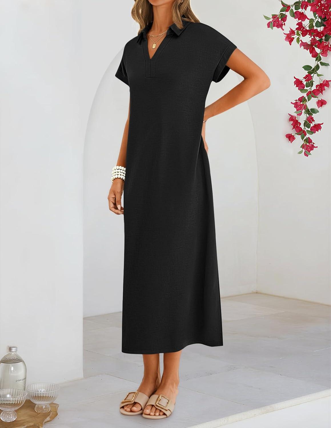 imageMEROKEETY Womens Summer Casual Maxi Dress 2026 Cap Sleeve V Neck Collared Beach Vacation T Shirt Long DressesBlack