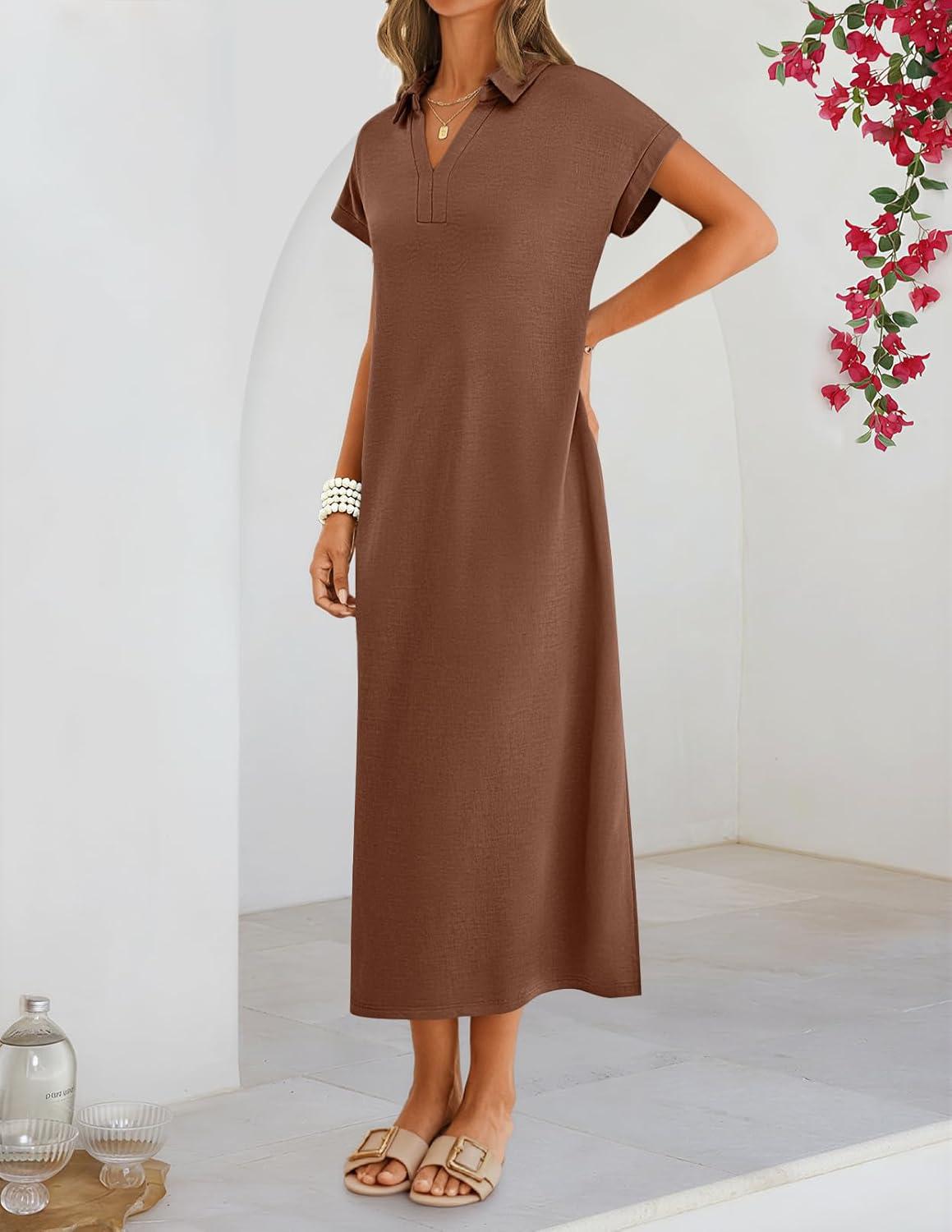 imageMEROKEETY Womens Summer Casual Maxi Dress 2026 Cap Sleeve V Neck Collared Beach Vacation T Shirt Long DressesBrown